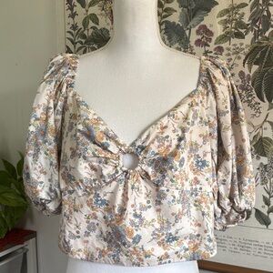 Abercrombie & Fitch Cream Floral Puff Sleeve Ring-Front Crop Top XL